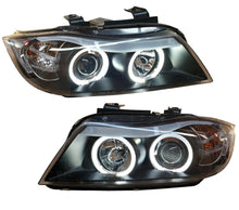 LED Angel Eyes Scheinwerfer mit E-Prüfzeichen Passend für BMW 3er E90 E91 05-08 Schwarz