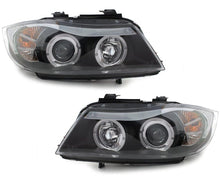 LED Angel Eyes Scheinwerfer mit E-Prüfzeichen Passend für BMW 3er E90 E91 05-08 Schwarz