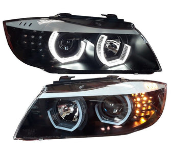 Halogen Scheinwerfer mit E-Prüfzeichen Passend für BMW E90 E91 2004-2008 schwarz mit Led Blinker