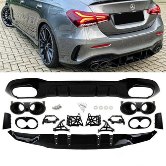 Autunik Diffusor + Auspuffblenden Schwarz für Mercedes Benz A-Klasse V177 Limo mit AMG-Line
